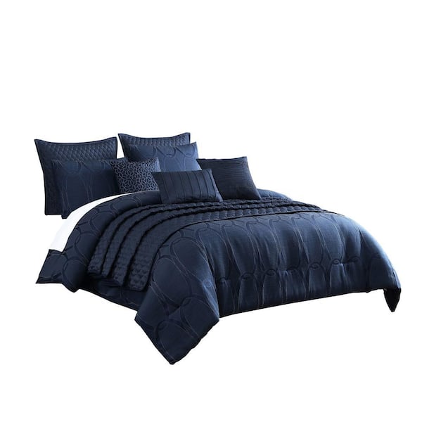 Benjara 10-Piece Blue Geometric Polyester Queen Comforter Set