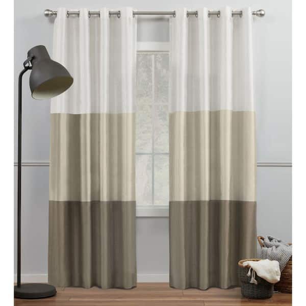 EXCLUSIVE HOME Chateau White/Sand Stripe Light Filtering Grommet Top Curtain, 54 in. W x 84 in. L (Set of 2)