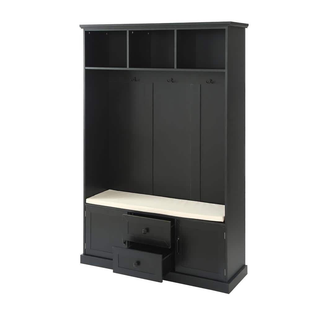 Black Particle Board Hall Tree with Storage Bench and Hooks