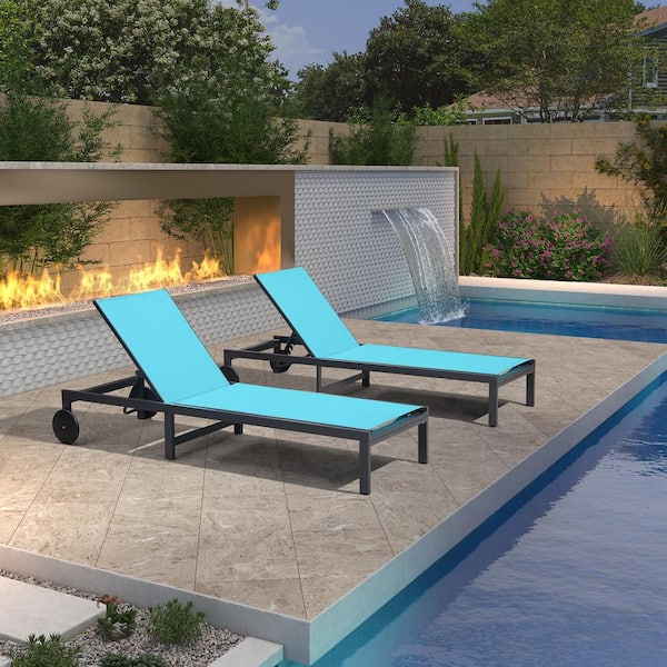 PURPLE LEAF Aluminum Outdoor Chaise Lounge Metal with Wheels and Table for Beach Patio Reclining Sunbathing Lounger, Blue