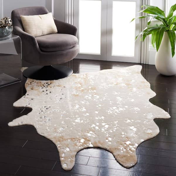 Faux Cow Hide 5 ft. x 6 ft. Beige/Silver Flokati High-Low Area Rug