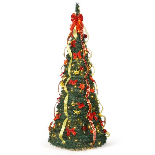 6 ft. Pre-Lit LED Pop Up Artificial Christmas Tree with 300 Lights, 2 Red and Golden Ribbons and Green Plastic Stand