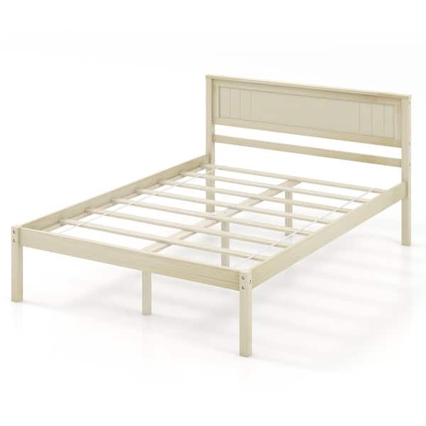 Costway Natural Yellow Wood Frame Full Size Platform Bed Frame with Headboard Mattress Foundation