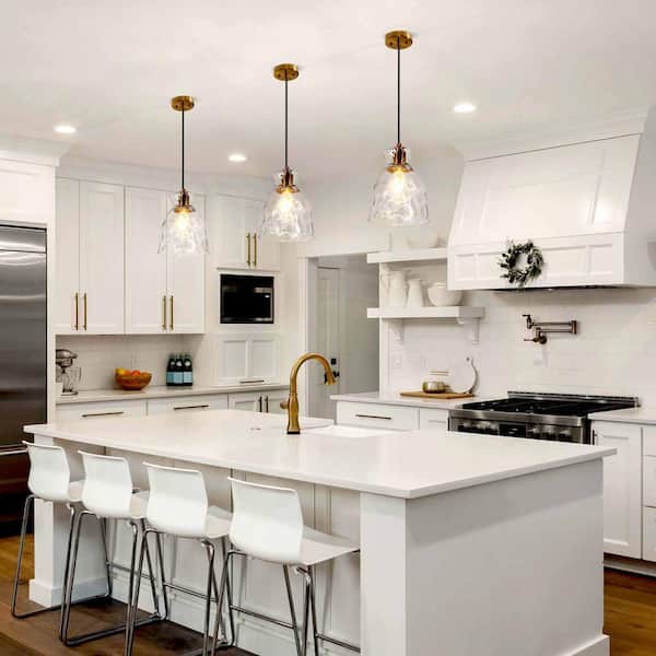 Modern Kitchen Island Pendant Light Contemporary 1-Light Brass Gold Bell Pendant Light with Water-Rippled Glass Shade