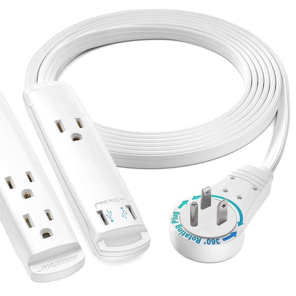 MAXIMM 6 ft. 16/3 Light Duty Indoor Extension Cord 360° Rotating Flat Plug 2-Sided with USB, White