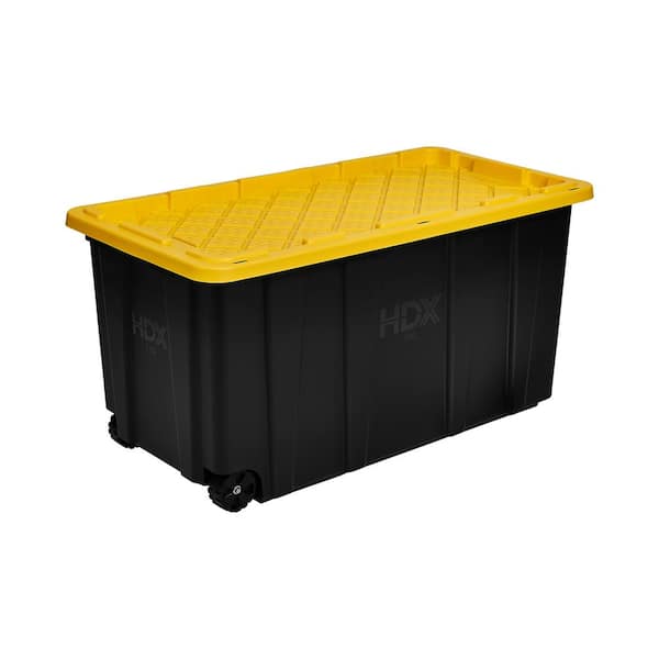 HDX 77 Gal. Tough Storage Tote with Wheels in Black with Yellow Lid