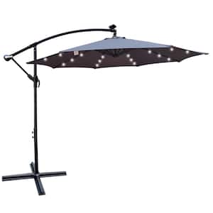 10 ft. Steel Outdoor Patio Cantilever Umbrella with Solar Powered LED Lights, Crank Lift and Cross Base in Medium Gray