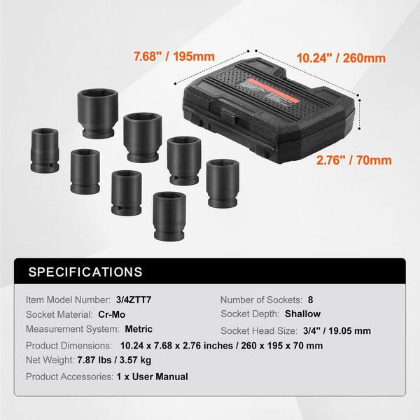 SKYSHALO Axle Nut Impact Socket Set, 3/4 in. Drive 6-Point 8-Piece