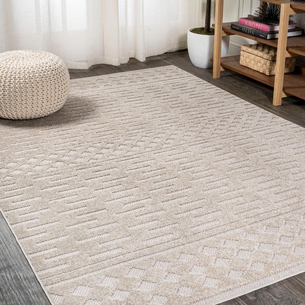 Ivory Geometric High-Low Pile Indoor/Outdoor Area Rug
