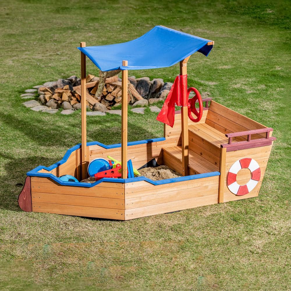 Outdoor Beach Wooden Kids Sandbox Pirate Ship Sandbox with Storage Bench