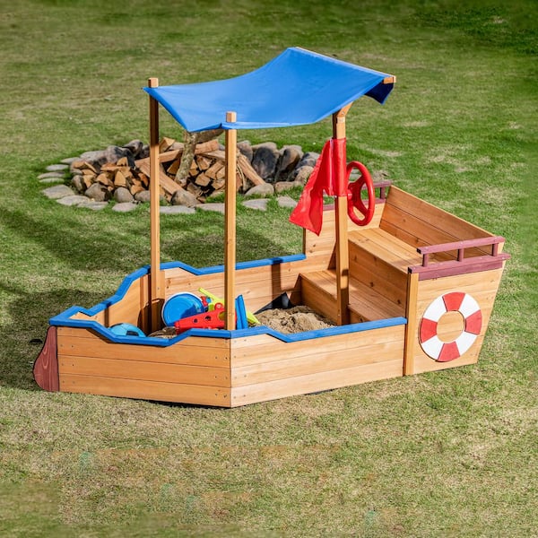 Tunearary Outdoor Beach Wooden Kids Sandbox Pirate Ship Sandbox with Storage Bench
