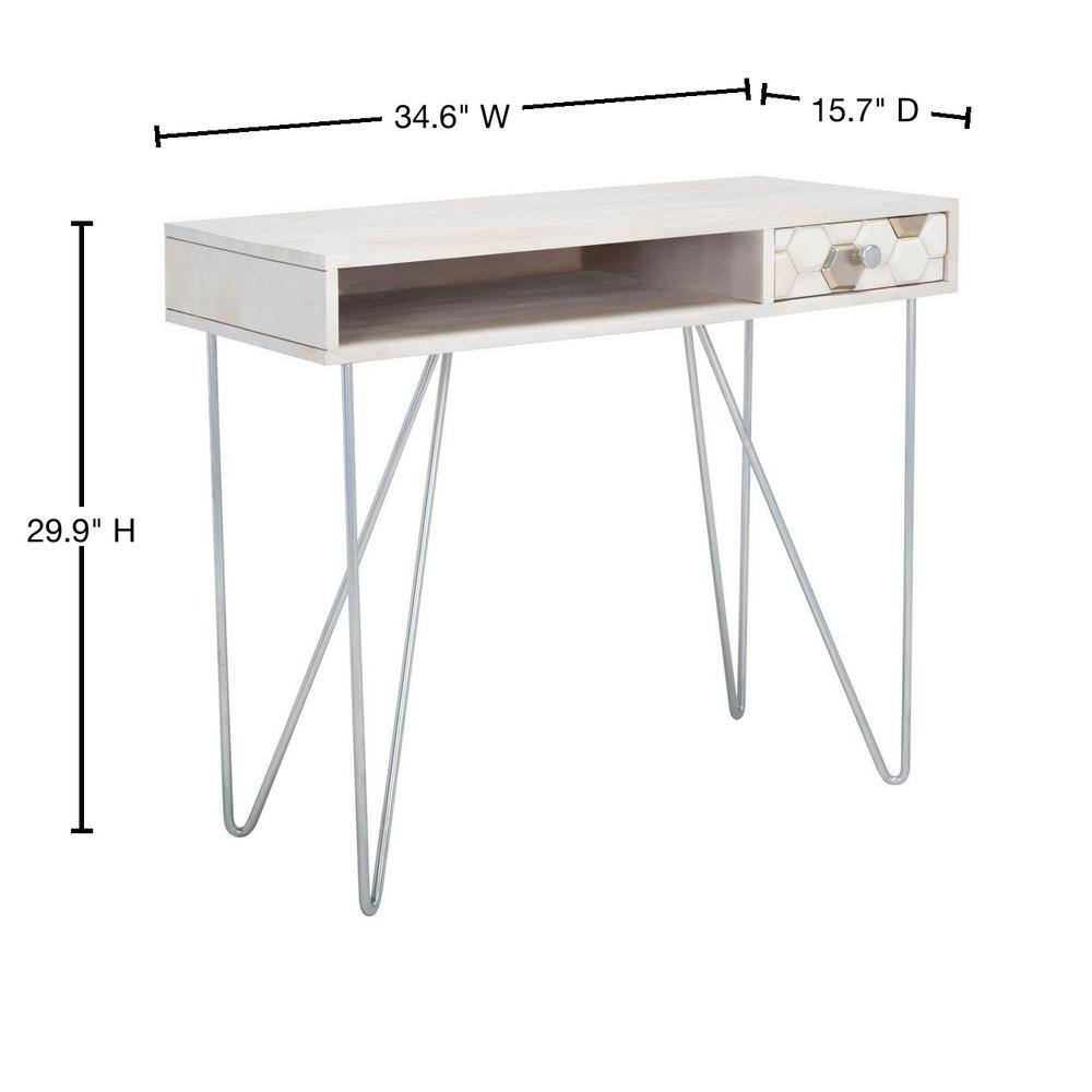 White Wood Writing Desk with Drawer and Hairpin Legs