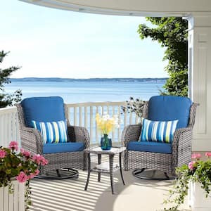 Erie Lake 2-Piece Gray Wicker Outdoor Rocking Chair Set with Navy Blue Cushions and 1 Table