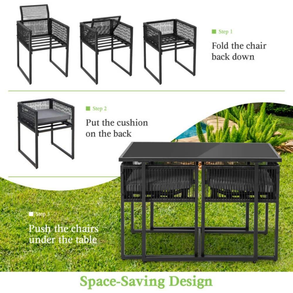 Black PE Rattan 3-Piece Outdoor Dining Set with Grey Cushions