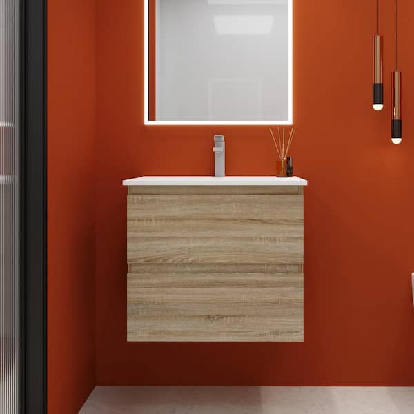 Unbranded 24 in. W x 18 in. D x 20 in. H Single Sink Wall Mounted Bath Vanity in Light Oak with White Culture Marble Top