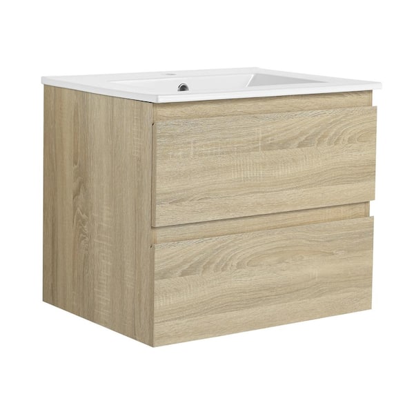 Yunus 24 in. W x 18 in. D x 20 in. H Single Sink Floating Bath Vanity in Light Oak with White Ceramic Top