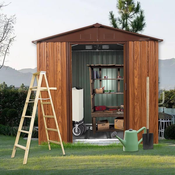 Unbranded 6 ft. W x 6 ft. D Outdoor Metal Storage Shed with Metal Floor Base, A Window and Double Door, Coffee (36 sq. ft.)