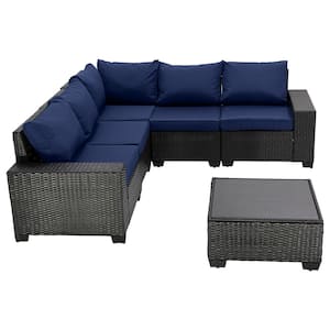 Dark Coffee 6-Piece Wicker Patio Outdoor Sectional Sofa Set with Dark Blue Cushions and 1 Coffee Table