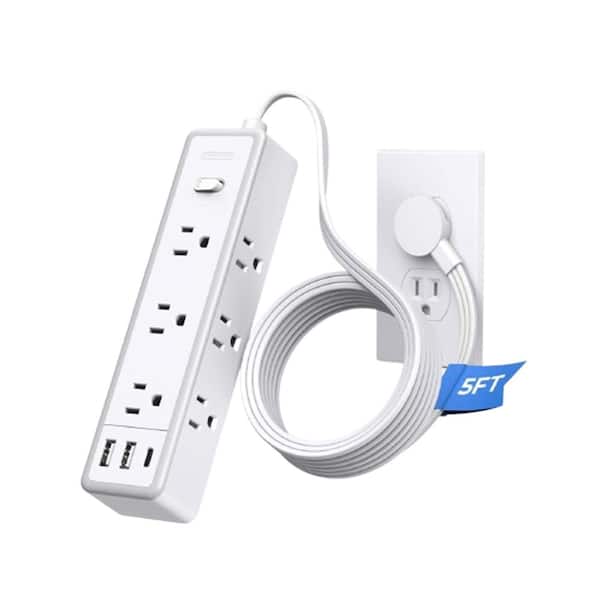 Lukyamzn 5 ft. Extension Cord Flat Plug Surge Protector Power Strip with 9 Outlets, 2 USB A Ports and 1 USB C Port, White