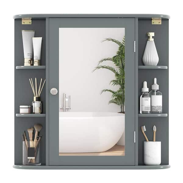 6.5 in. x 25 in. x 26 in. Gray Multipurpose Wall Surface Mount Bathroom Storage Medicine Cabinet with Mirror