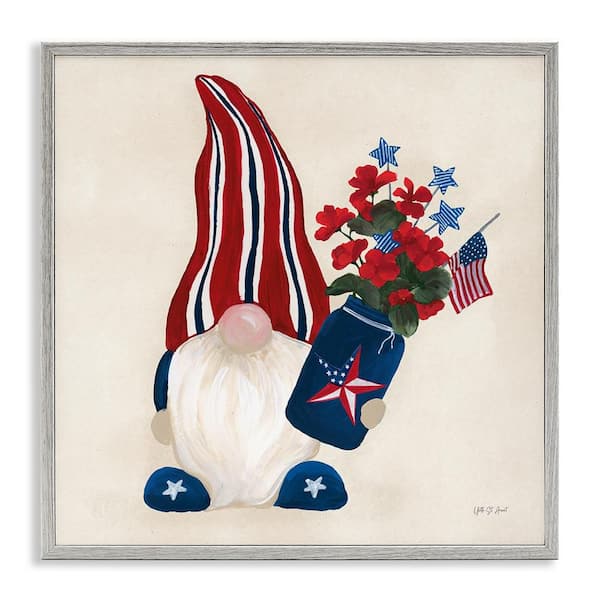 Stupell Industries Patriotic Gnome and Flowers by Yvette St. Amant Gray Framed Nature Giclee Art Print 24 in. x 24 in.