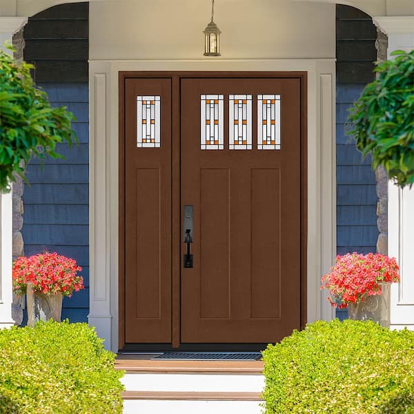 Regency 53 in. x 80 in. 3Lite Amberton Deco Glass RHIS Chestnut Stain Fir Grain Fiberglass Prehung Front Door w/14in.SL