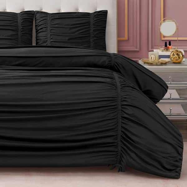 Ribbon Ruched 3-Piece Black Solid Color Microfiber King Comforter Set