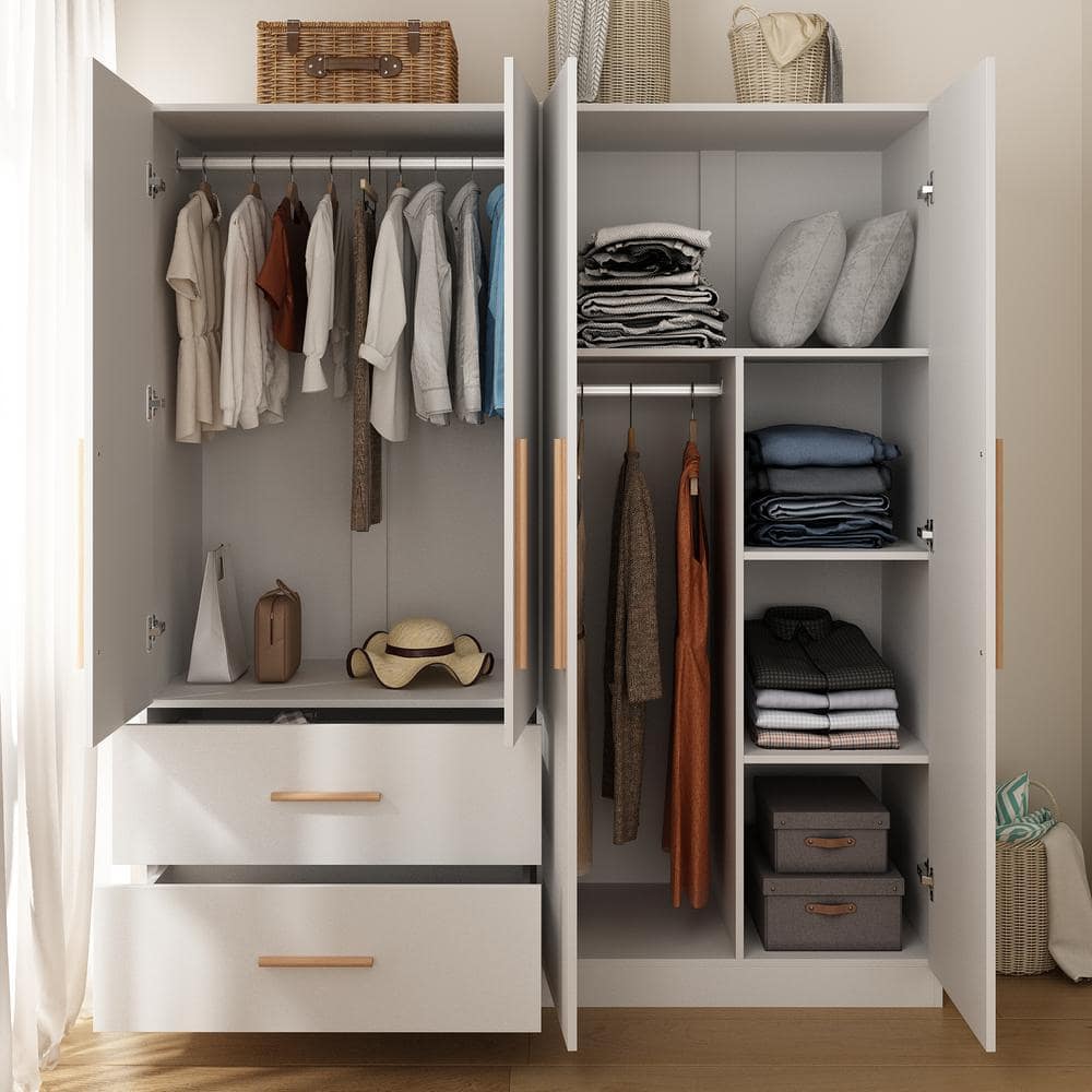 70.9 in. H x 19.5 in. D White 63 in. W 4-Door Big Wardrobe Armoires with Hanging Rods, Drawers and Storage Shelves - thumbnail 6