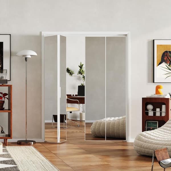 60 in. x 80 in. Full Lite Mirrored Glass, White, Hollow Core, MDF, Aluminum Frame, Bi-fold Door with All Hardware