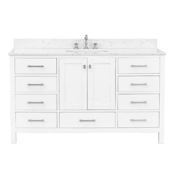 BathMist 60 in. W Single Sink Freestanding Bath Vanity in White with White Engineered Stone Top