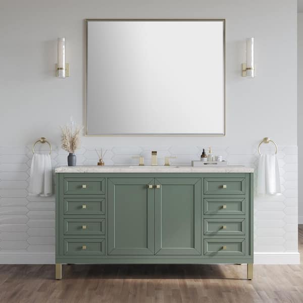 Chicago 60.0 in. Single Bath Vanity in Smokey Celadon with Wireless Charging Eternal Jasmine Pearl Quartz Top