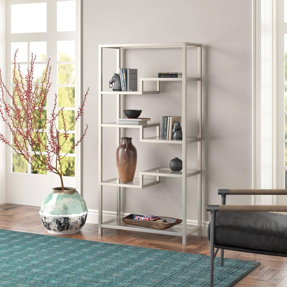 Johann Modern 68" Satin Nickel Metal and Tempered Glass Bookcase