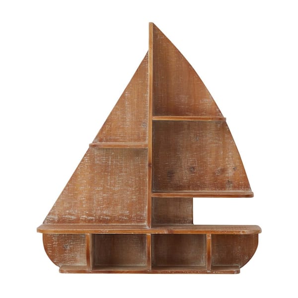 21 in. x 24 in. Brown 8 Cubbies Wood Sail Boat Wall Shelf