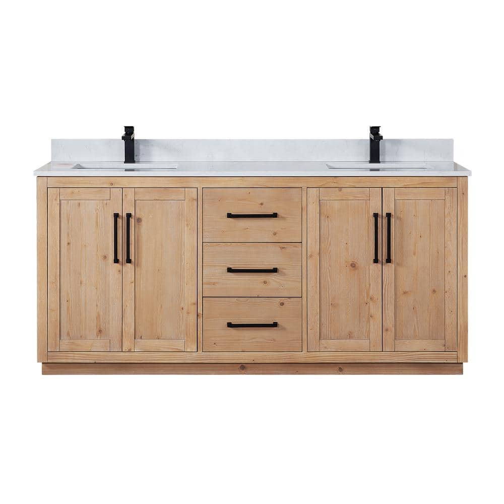 Cicero 72" Light Brown Fir Wood Bathroom Vanity with White Stone Countertop