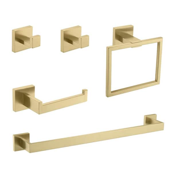 5-Piece Bathroom Towel Rack Set: Towel Bar + Ring + Hooks + TP Holder, Brushed Finish in Gold