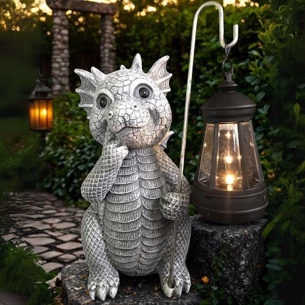 SenQWFa Solar Gray Dragon Statues for Front Patio Balcony Yard Art
