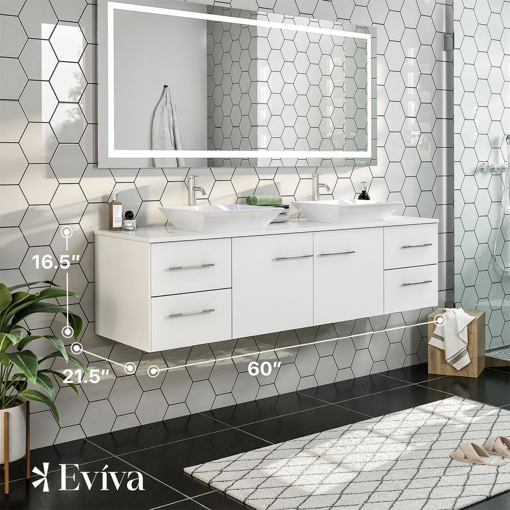 Wave 60" White Modern Double Sink Wall-Mount Bathroom Vanity