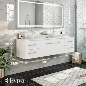 Totti Wave 60 in. W x 16 in. D x 22 in. H Double Bathroom Vanity in White with White Glassos Top with White Sink
