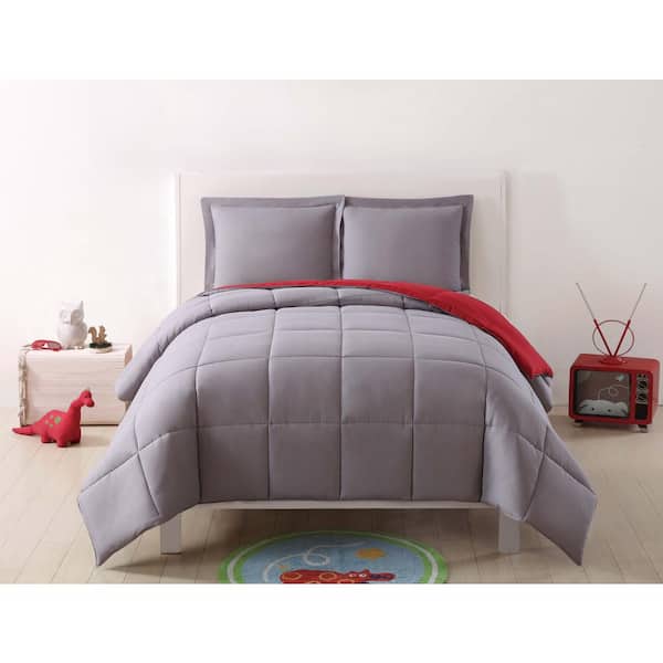 My World Anytime 2-Piece Grey and Red Twin XL Comforter Set