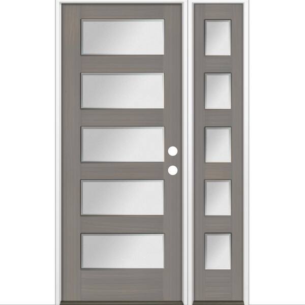 Krosswood Doors 50 in. x 80 in. Modern Hemlock 5-Lite Left-Hand/Inswing Frosted Glass Grey Stain Wood Prehung Front Door w/RSL