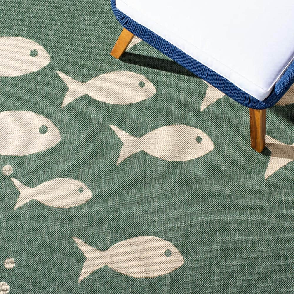 Dark Green and Ivory Fish Pattern Rectangular Synthetic Rug, 9' x 12'