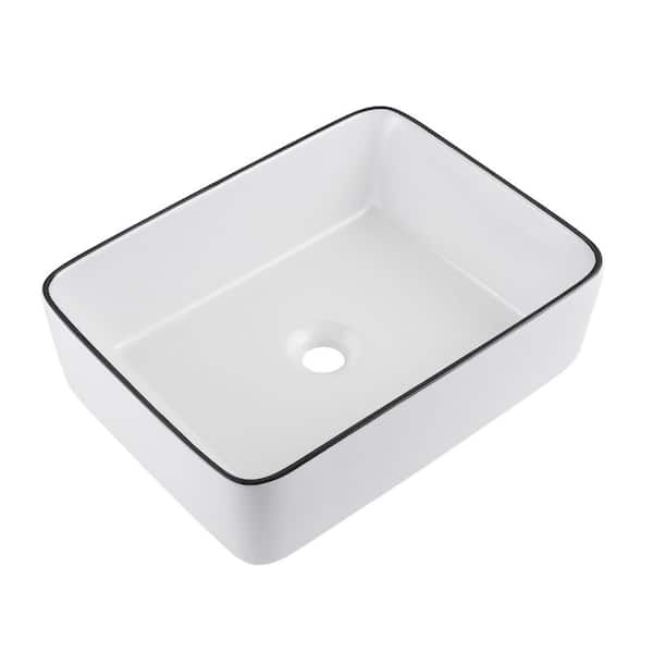 Unbranded Modern White 18 in. L x 14 in. W Rectangle Vessel Black Trim Design Bathroom Sink Above Counter