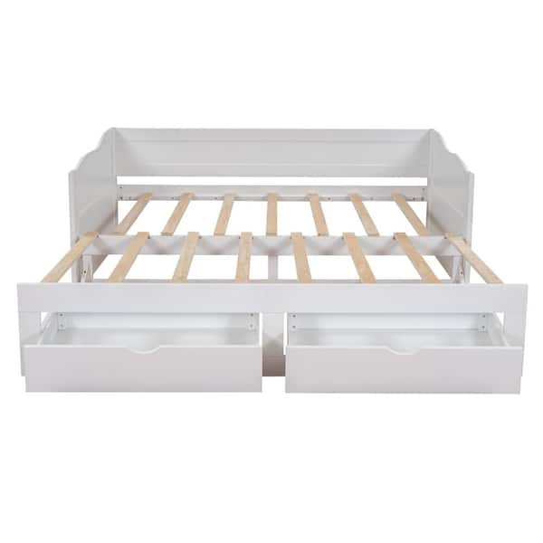 White Extendable Twin Size Sturdy Daybed with Trundle and 2-Storage Drawers, Wood Daybed Sofa Bed Frame with Wood Slats