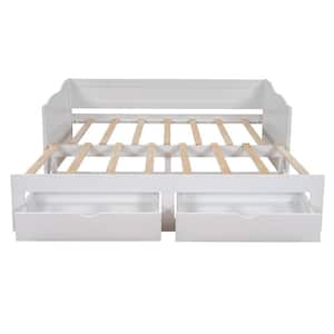 White Wooden Twin Size Daybed with Trundle Bed and 2-Storage Drawers