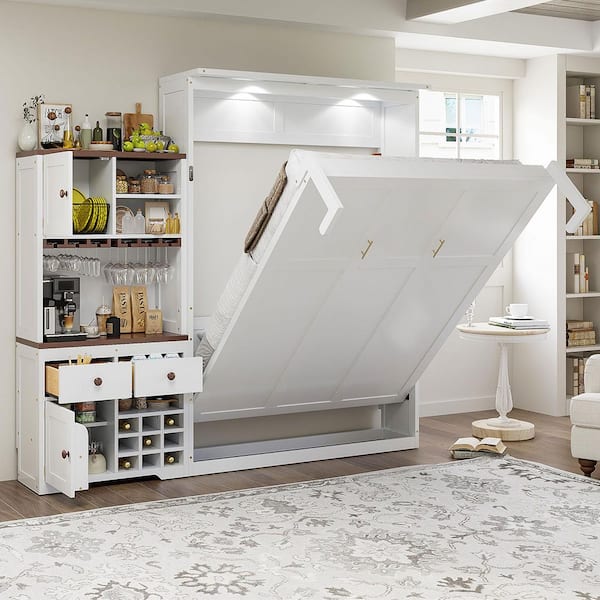 White Wood Frame Queen Size Murphy Bed with Storage Cabinet, Wine Rack, Glass Holder, Drawers and Multi-Color Led Strip