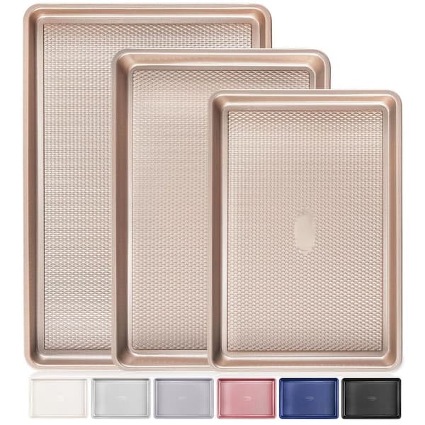 3-Piece Champagne Gold Nonstick Carbon Steel Baking Sheet Pan Set with 0.8mm Thick Heavy Duty Cookie Tray for Oven