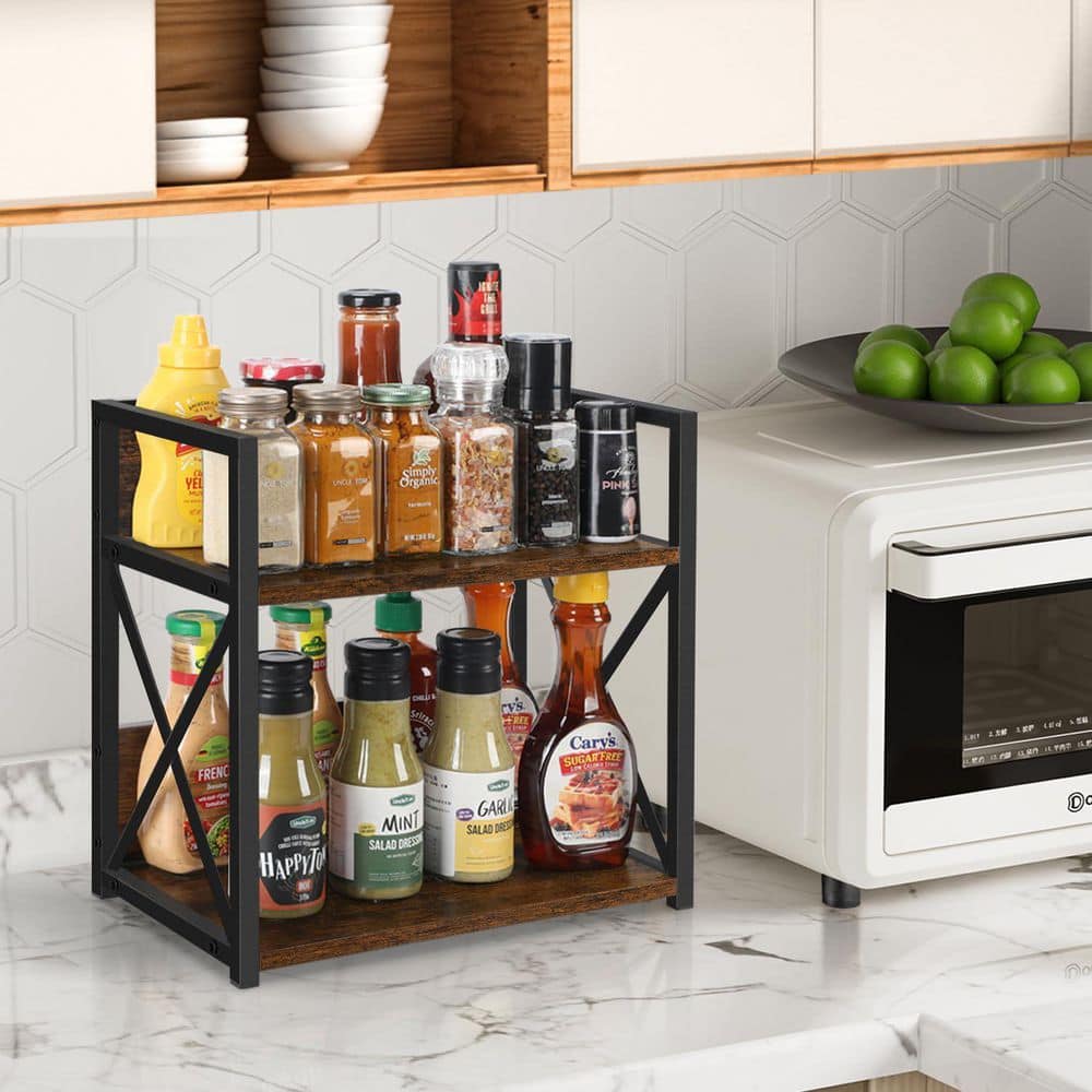 JFVKAF Rustic Brown 2 Tier Countertop Shelf Organizer Spice Rack Coffee ...
