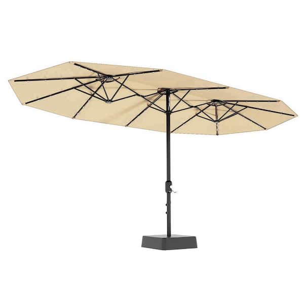 15 ft. Rectangular Solar LED Lighted Double-Sided Market Patio Umbrella with Crank Lift and Base in Beige