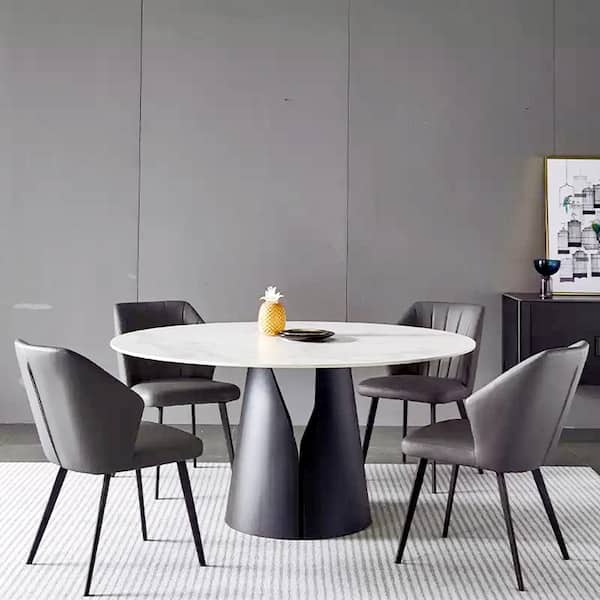 Magic Home 59.05 in. Sintered Stone Round Dining Table with Black Pedestal Legs