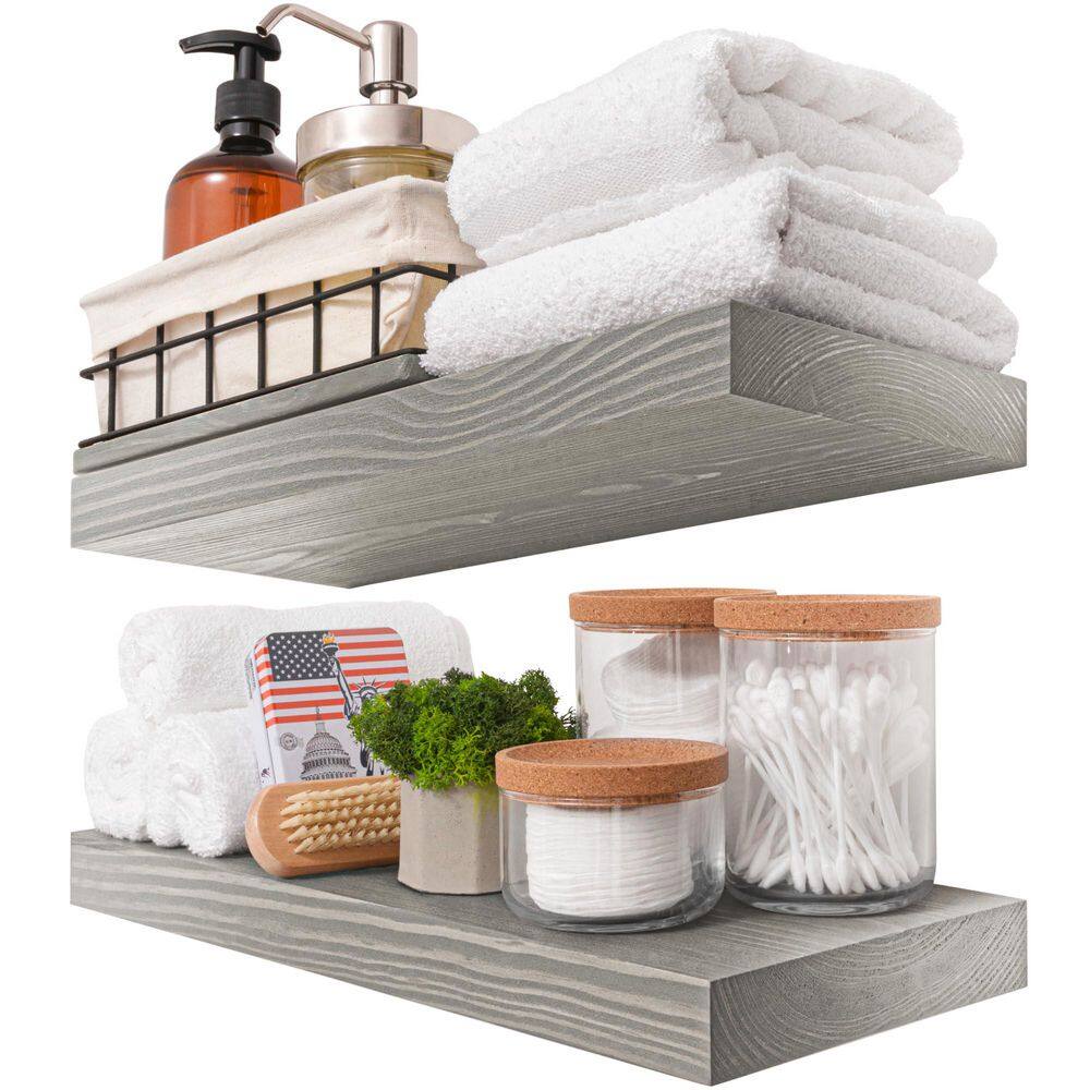 16 in. W x 6.7 in. D Solid ​Wood Grey Decorative Wall Shelf (Set of 2)